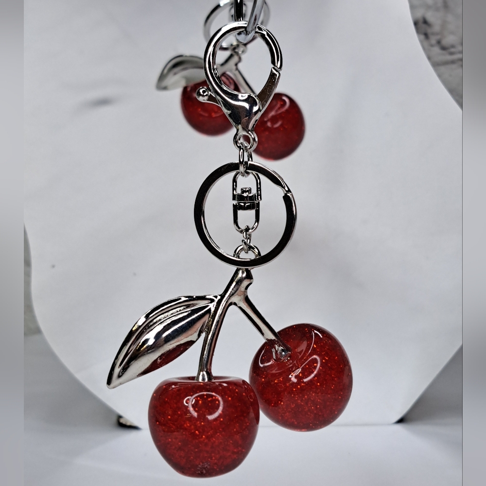 Stylish Cherry Keychain with Silver Accents - Picture 3 of 10